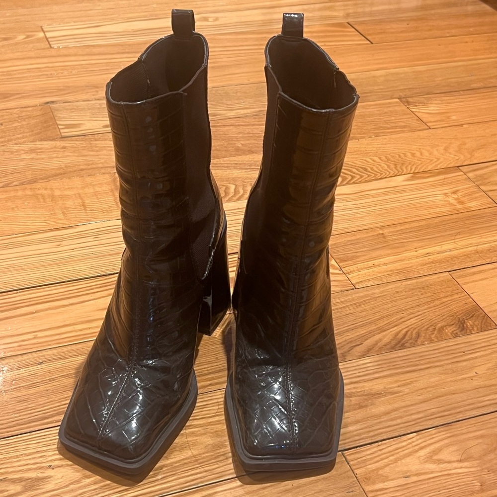 Brown Croc Patent Leather Women's Boots